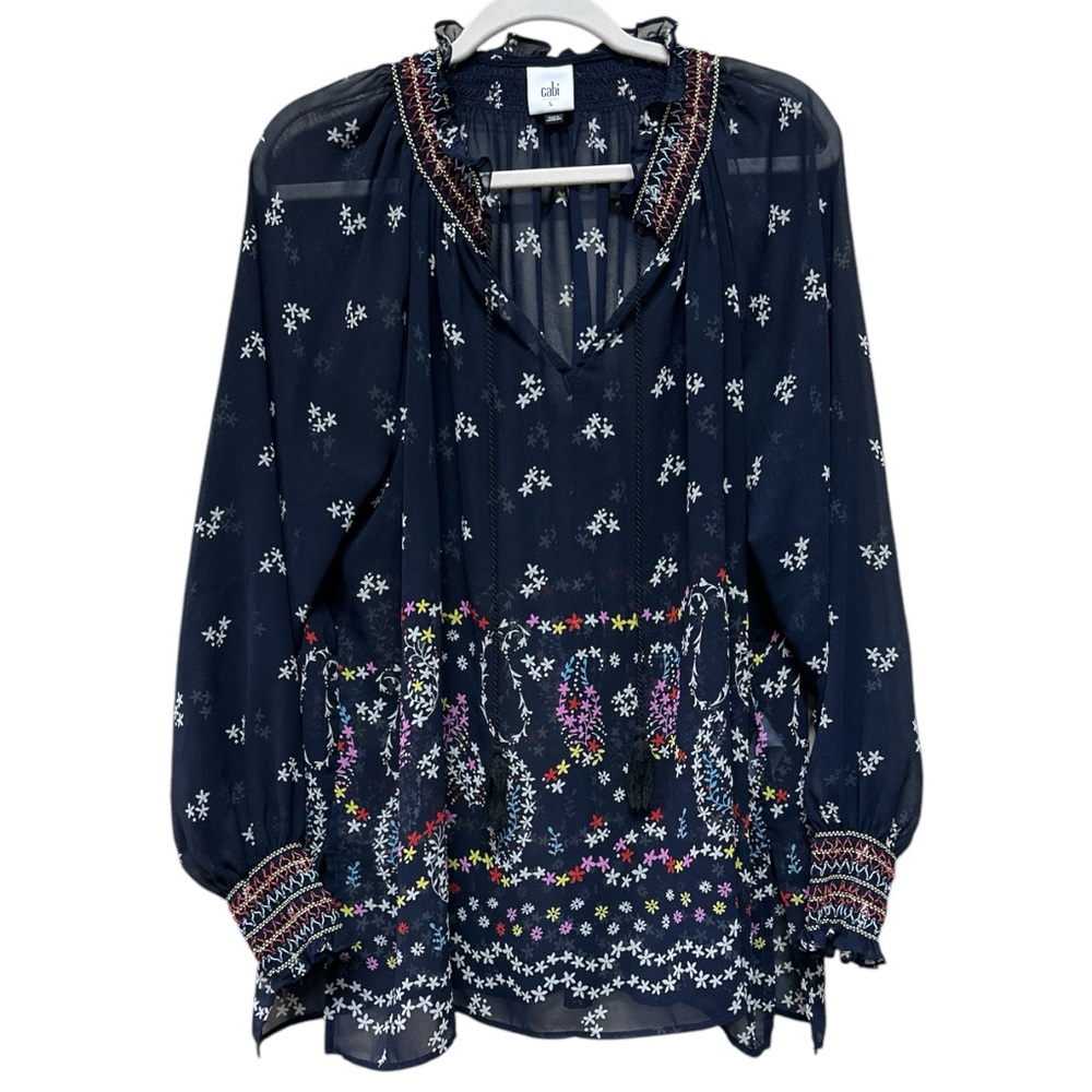 Cabi Boho Long Sleeve Smocked Floral Print Peasant Blouse Navy Multicolor Size L
